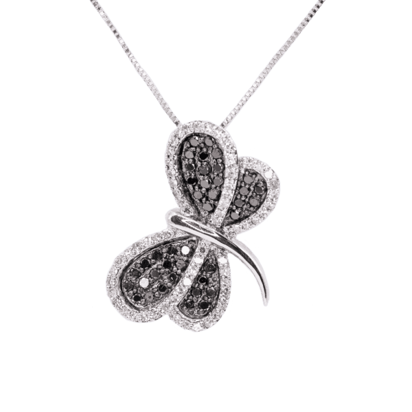 14K White Gold Black And White Diamond Dragonfly Necklace