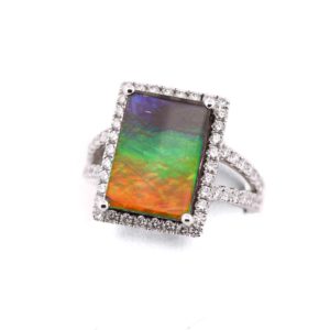 14K White Gold Ammolite and Diamond Halo Ring