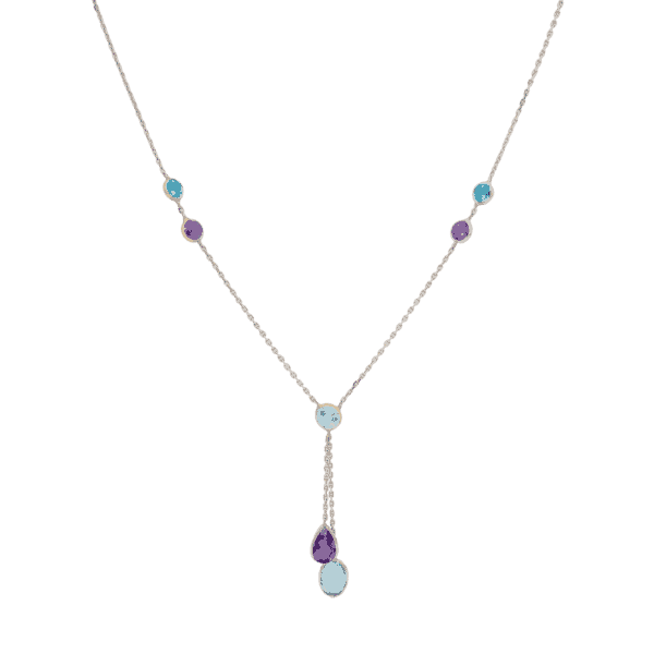14K White Gold Blue Topaz and Amethyst Dangle Necklace