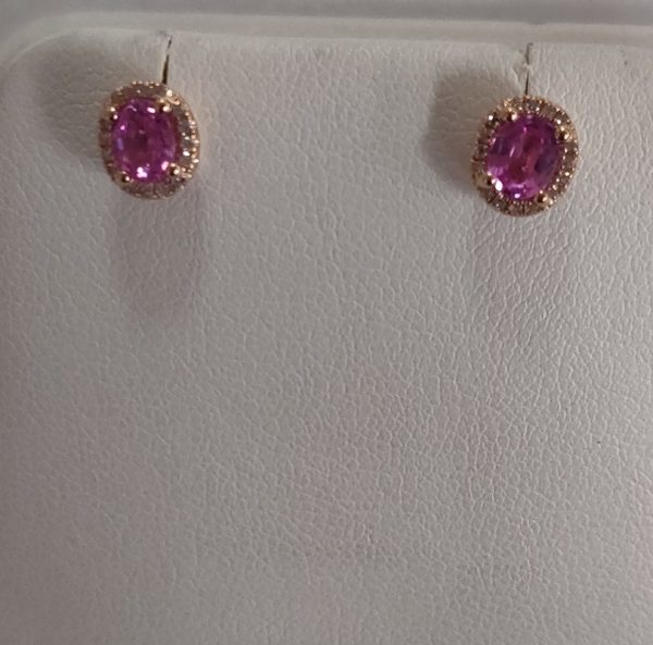 14K Rose Gold Pink Sapphire and Diamond Halo Stud Earrings